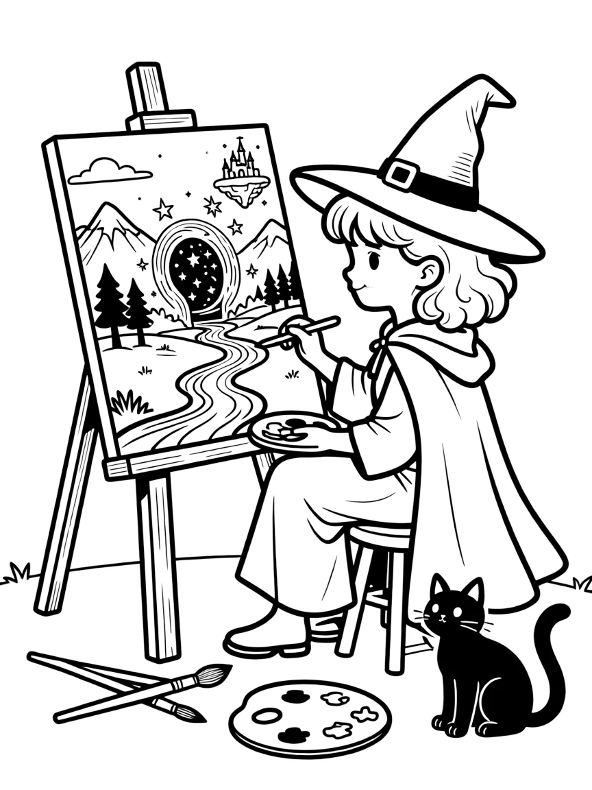 A witch artist painting landscapes that become portals to other worlds