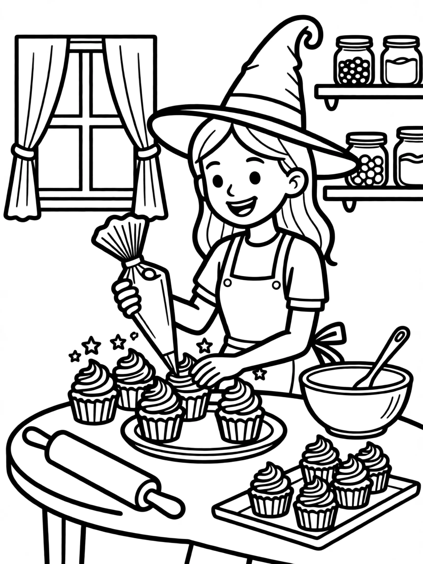 A witch baker decorating cupcakes that sparkle and change colors
