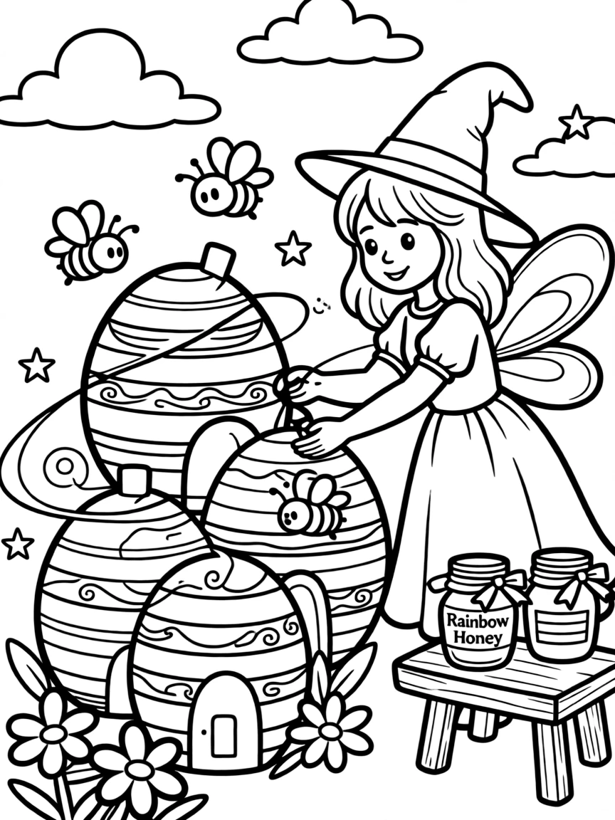 A bee witch tending to enchanted hives that produce rainbow honey