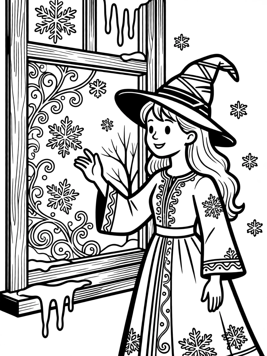A winter witch creating delicate frost patterns on window panes
