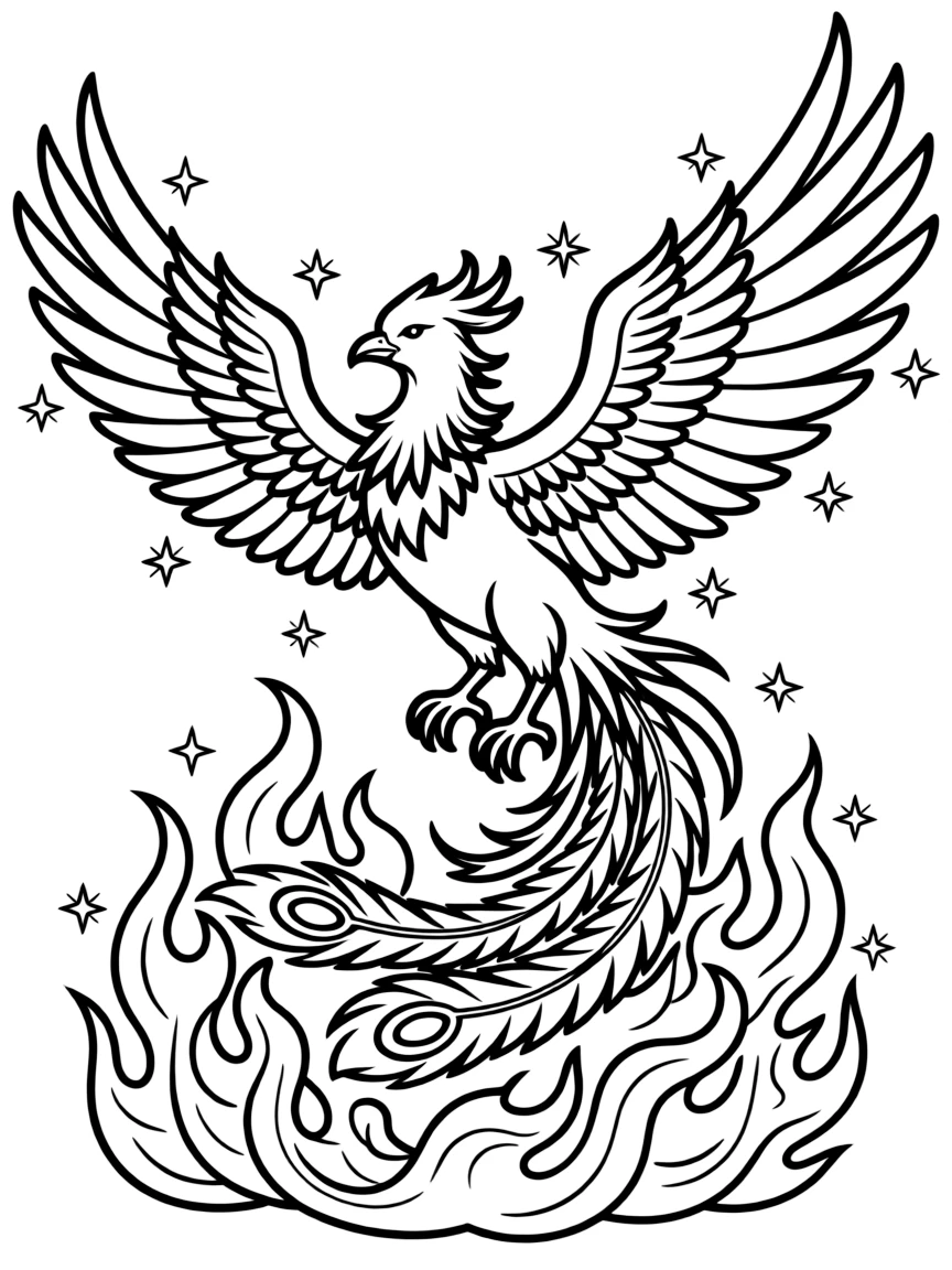 A phoenix rising from colorful flames with sparks trailing from its wings
