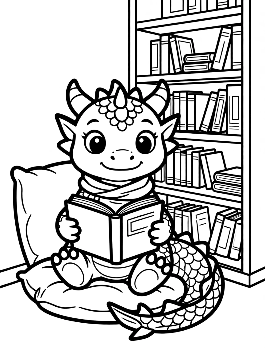 A friendly dragon reading a book in a cozy library nook