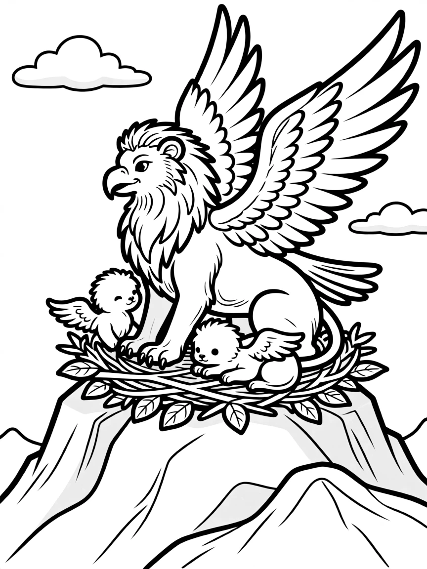 A griffin nesting on a mountain peak with its cubs