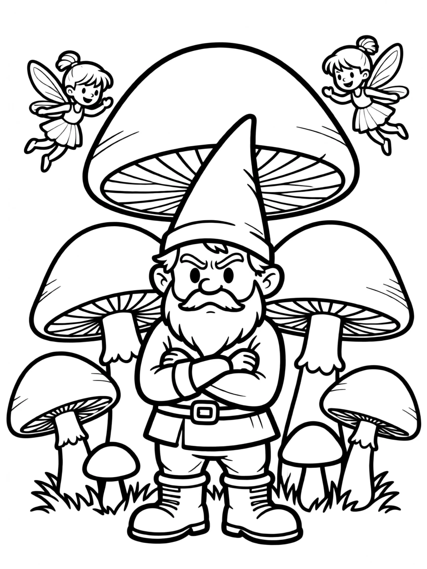 A grumpy gnome guarding his mushroom garden from mischievous fairies