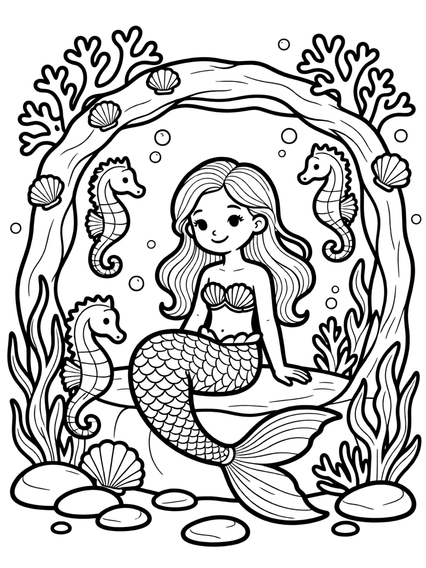 A mermaid and her seahorse friends decorating an underwater grotto