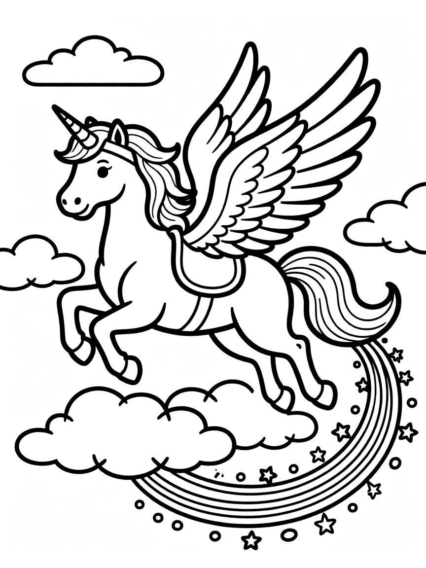 A pegasus soaring through clouds trailing rainbow sparkles