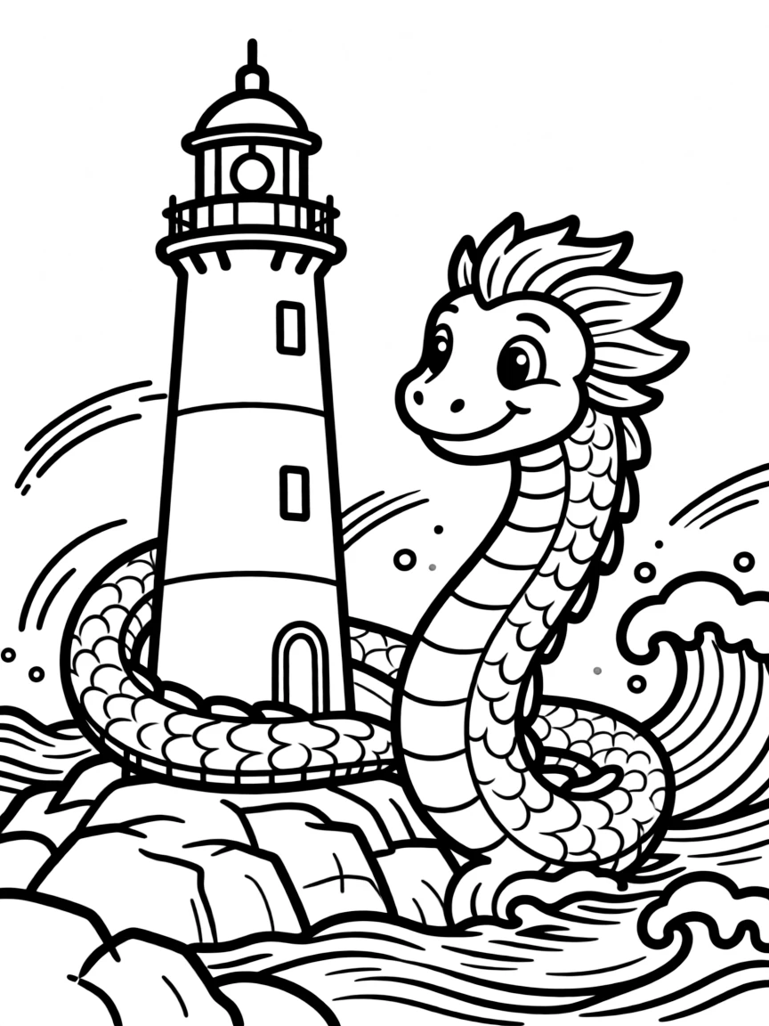 A sea serpent coiled around a lighthouse in a storm