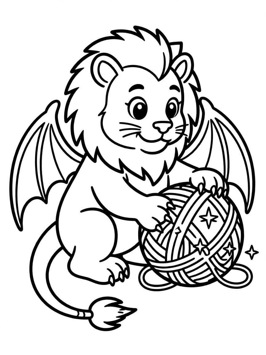 A manticore playing with a magical ball of yarn like a kitten