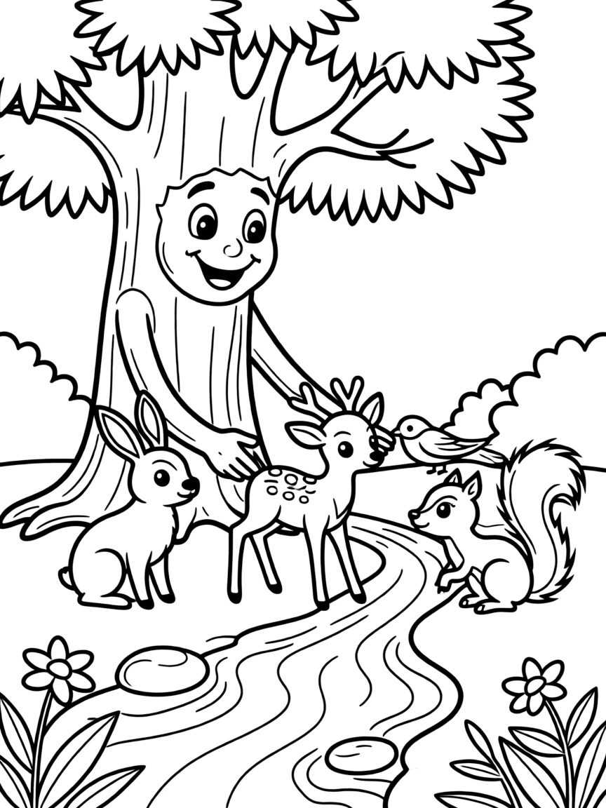 A tree ent helping forest animals cross a stream