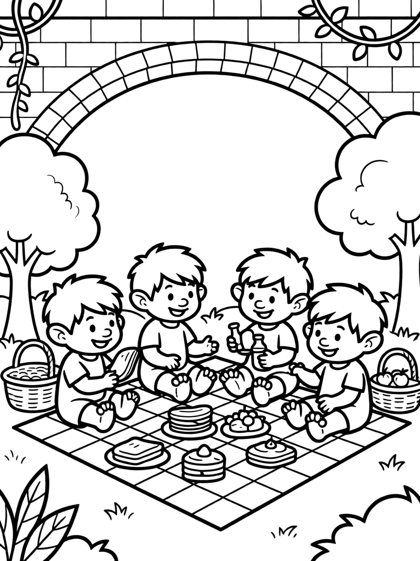 A family of trolls having a picnic under a bridge