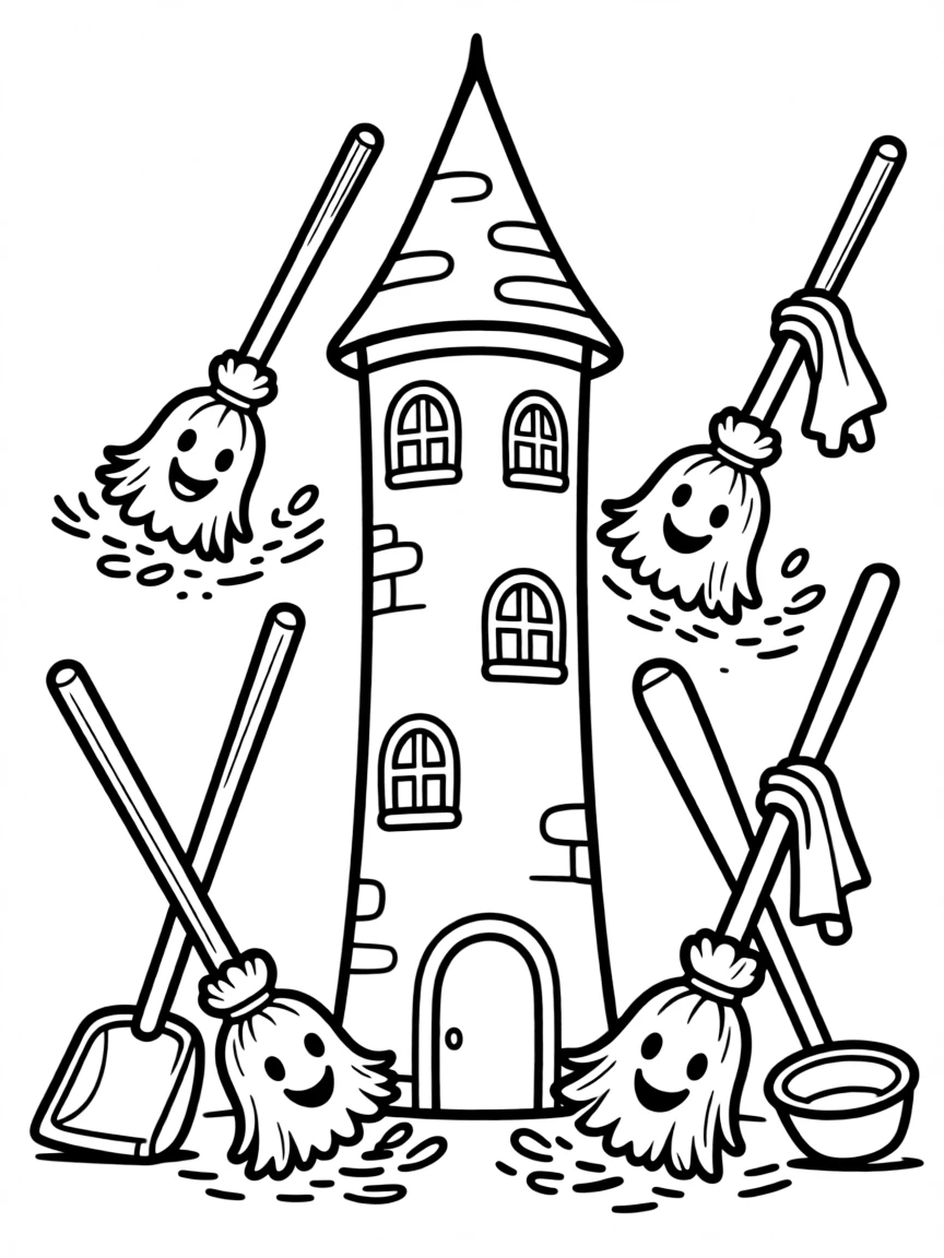 A collection of animated brooms cleaning a wizard's tower