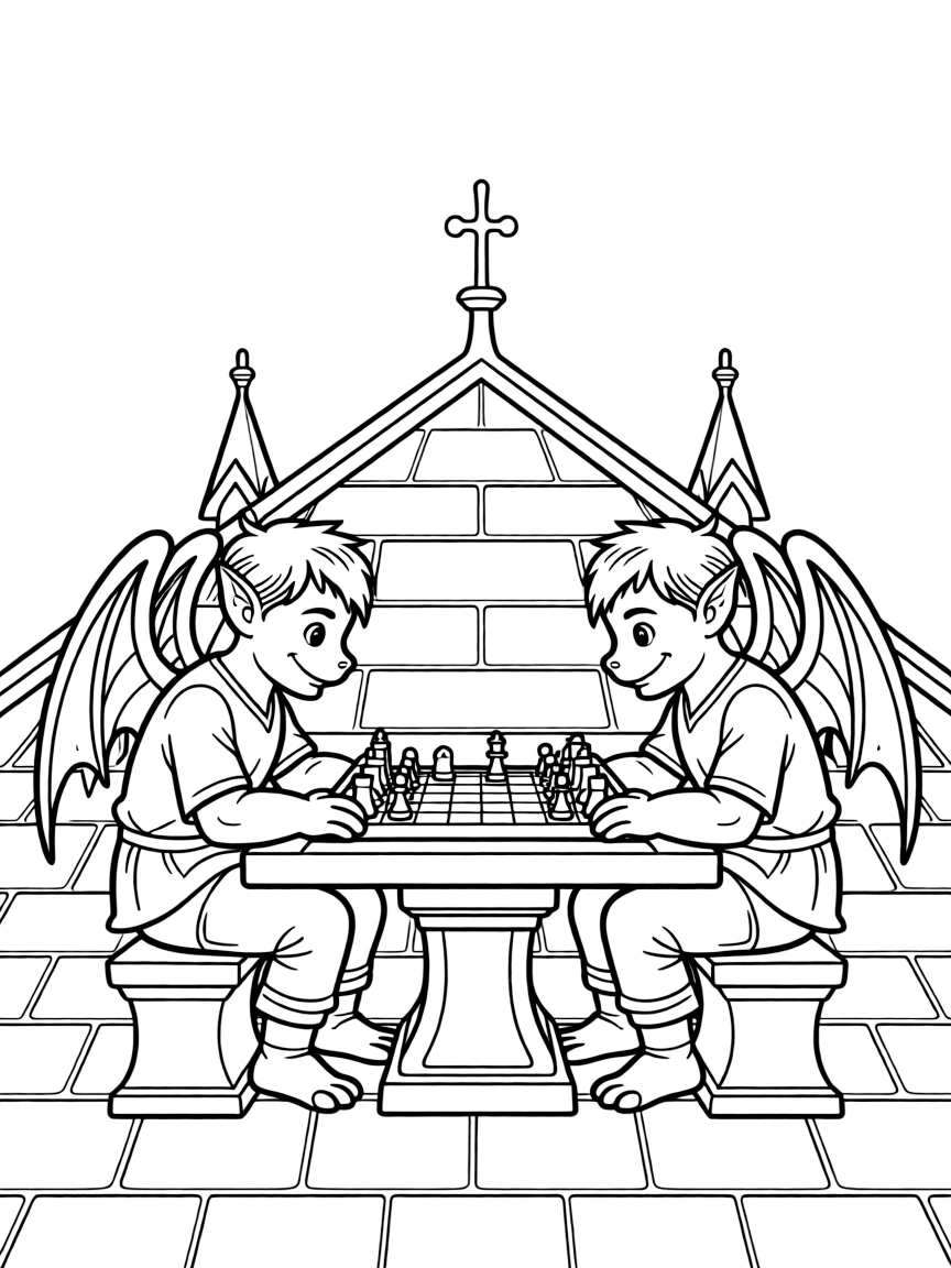 A pair of gargoyles playing chess on a cathedral roof