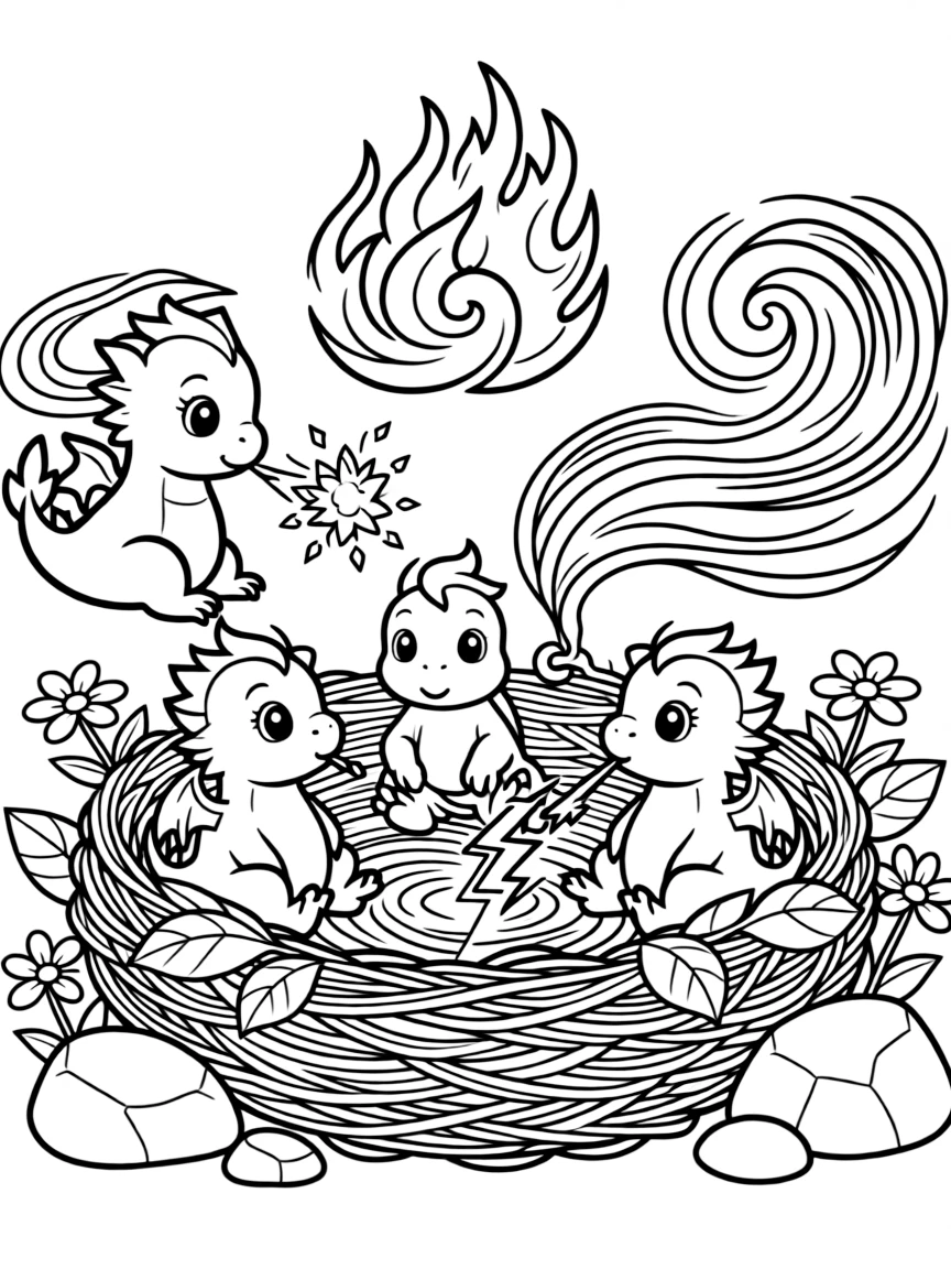 A nest of baby dragons learning to breathe different types of magic