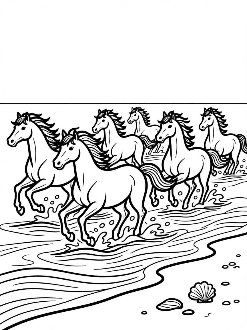 A herd of kelpies galloping through waves at the shoreline