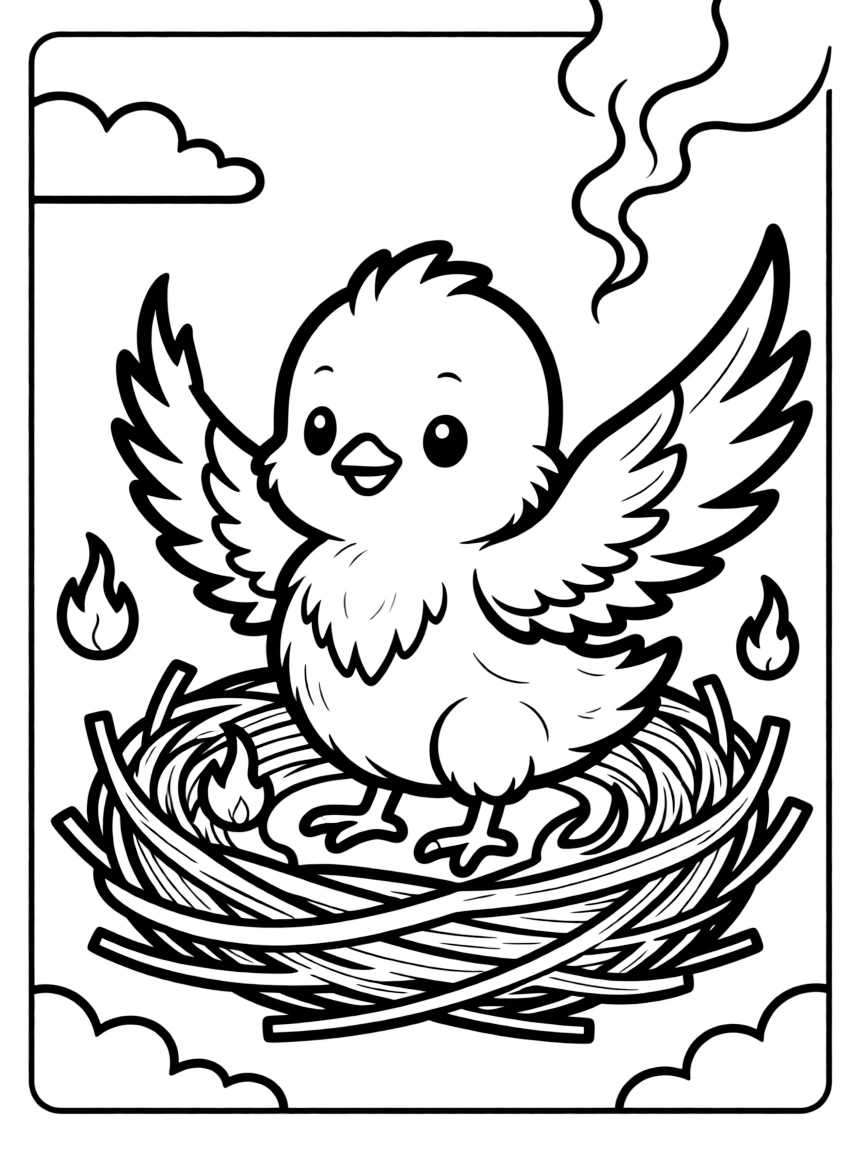 A phoenix reborn as a tiny chick in a nest of embers