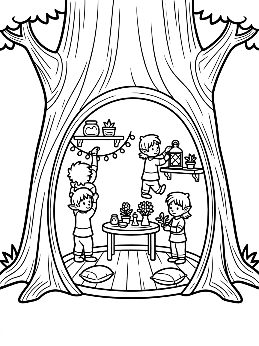 A family of house elves decorating their tiny home inside a hollow tree