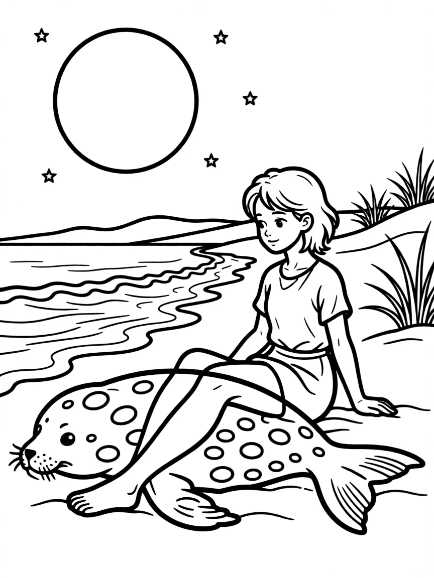 A selkie shedding its seal skin on a moonlit beach