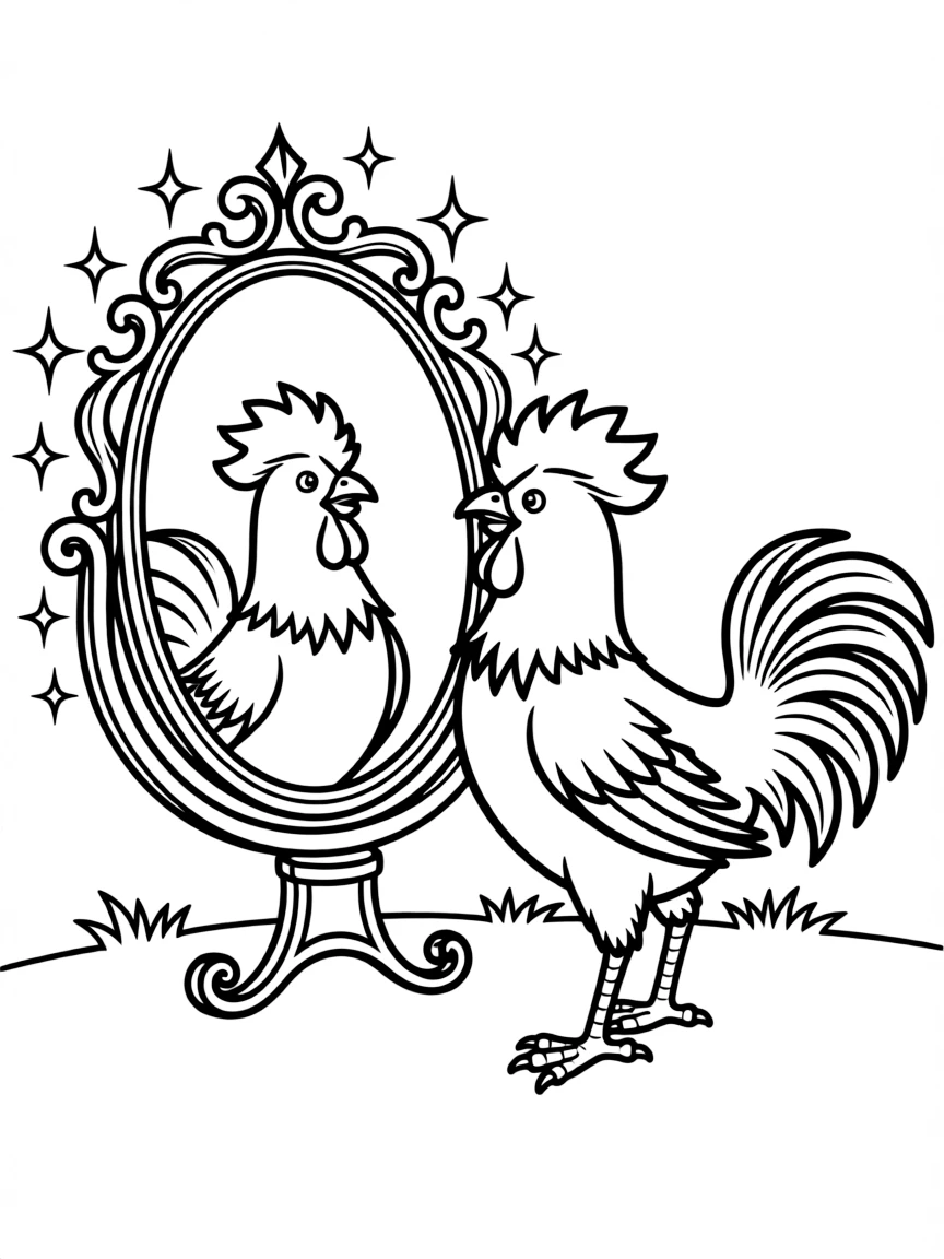 A cockatrice admiring its reflection in a magical mirror