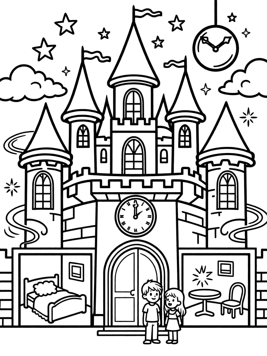 An enchanted castle whose rooms rearrange themselves at midnight