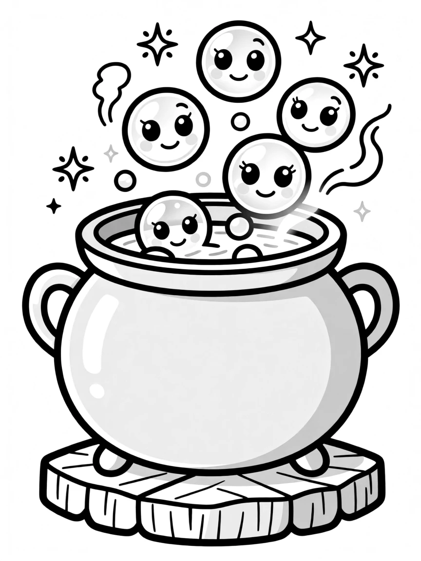 A cauldron with faces forming in the bubbling potion