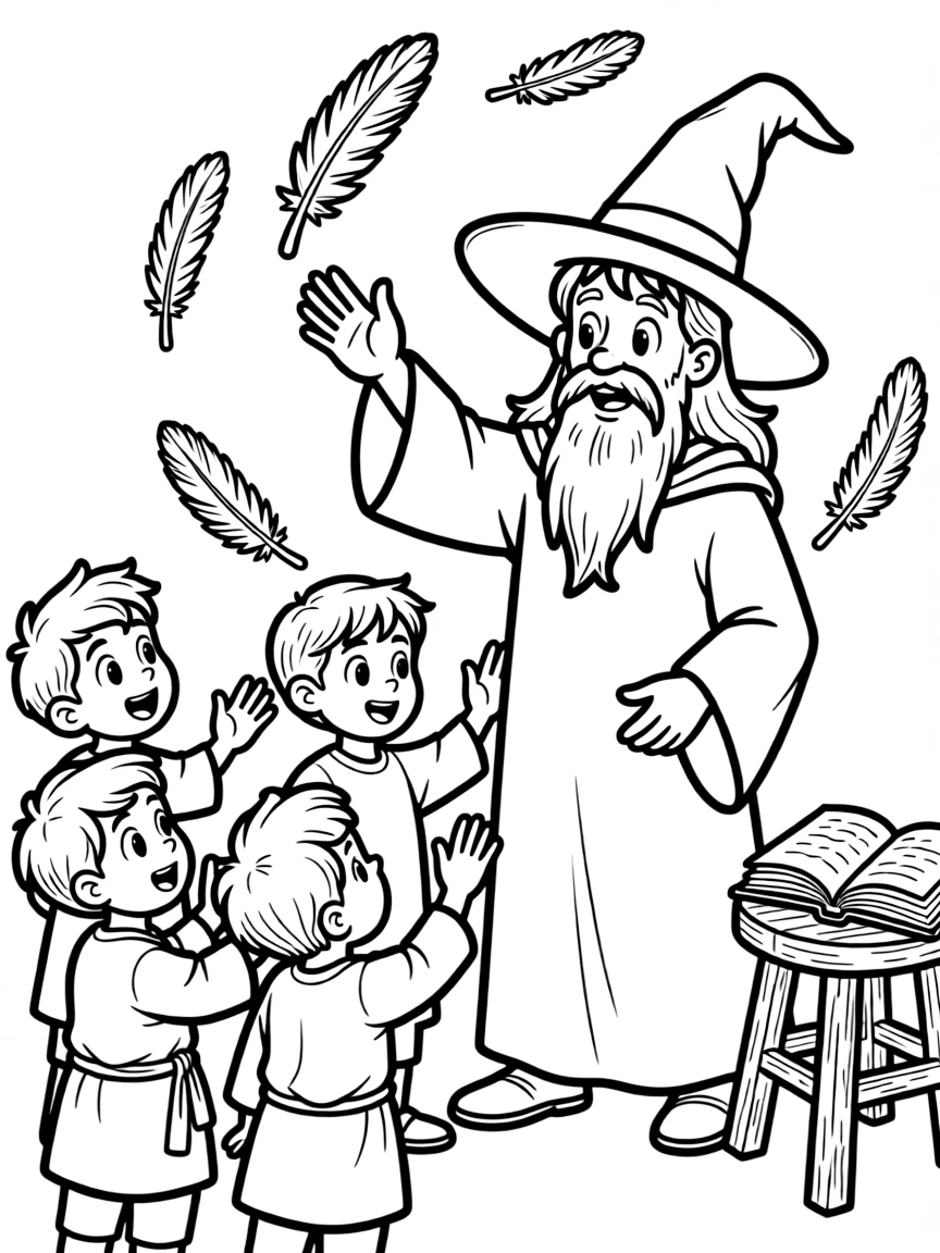 A wizard teaching young apprentices how to levitate feathers