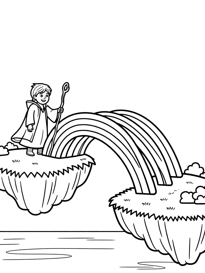 A wizard bridge builder connecting two floating islands with rainbow spans