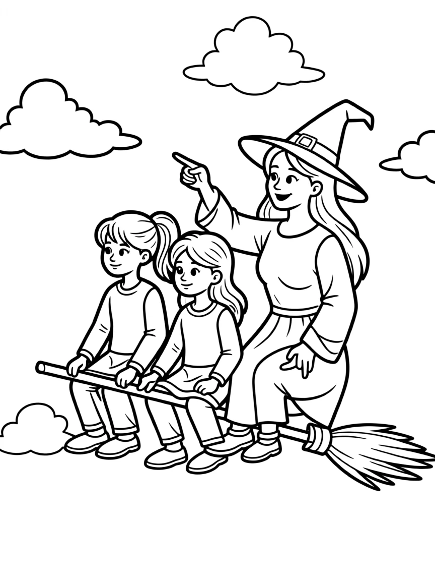 A witch teaching young apprentices how to fly on broomsticks