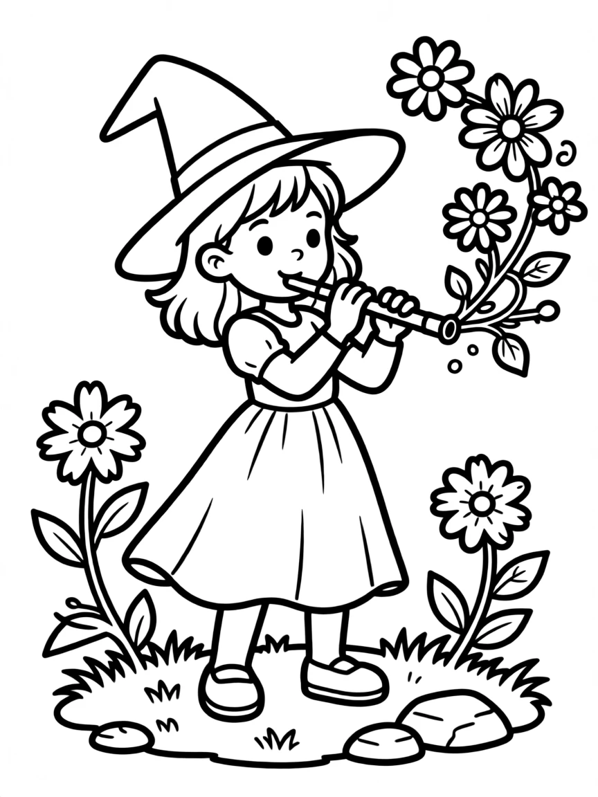 A witch musician whose flute makes flowers grow where she plays