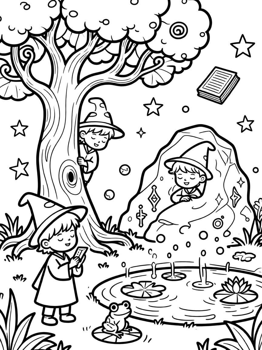 Young wizards playing a magical version of hide-and-seek