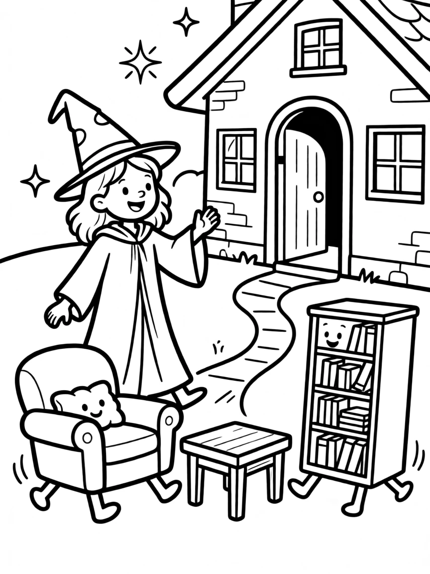 A wizard's moving day with furniture walking itself to the new home