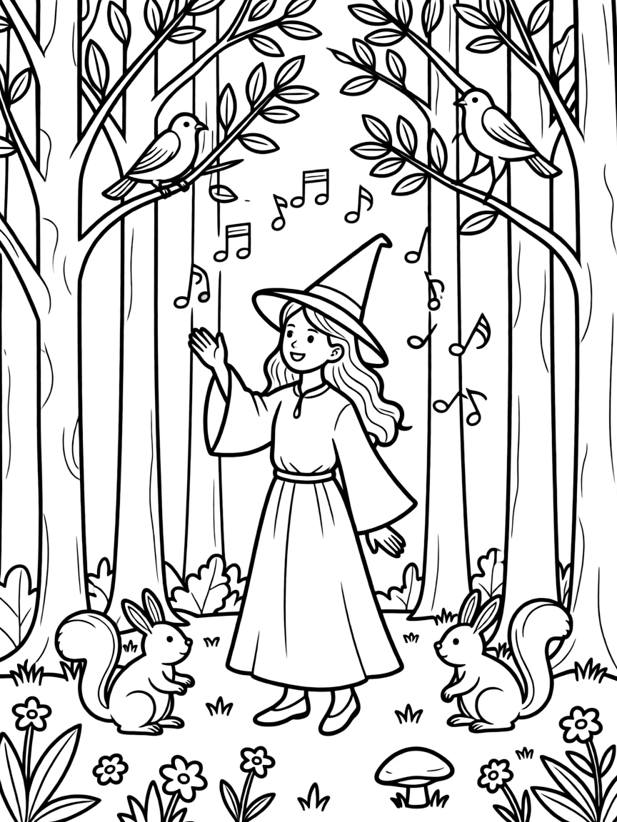 A witch conducting a symphony of natural sounds in the forest