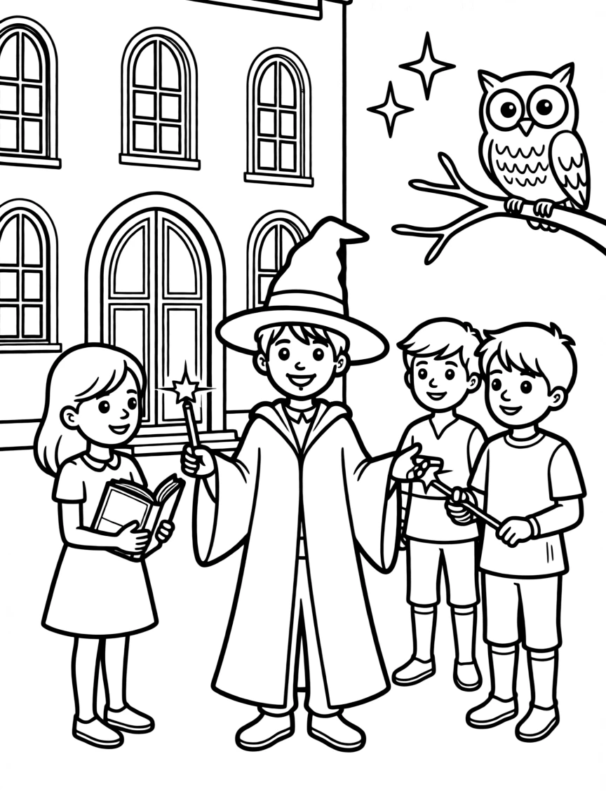A wizard child's first day at magic school meeting new friends