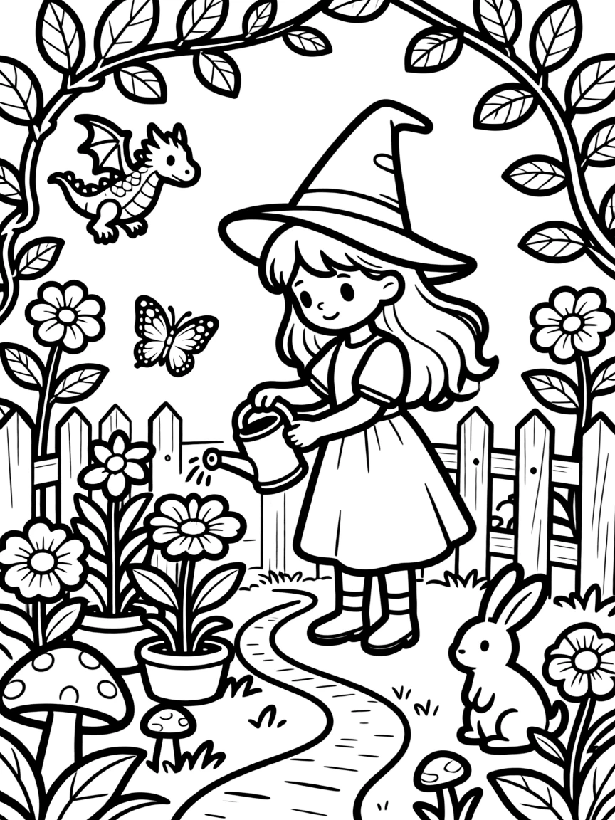 A witch helping magical plants and animals coexist in a garden