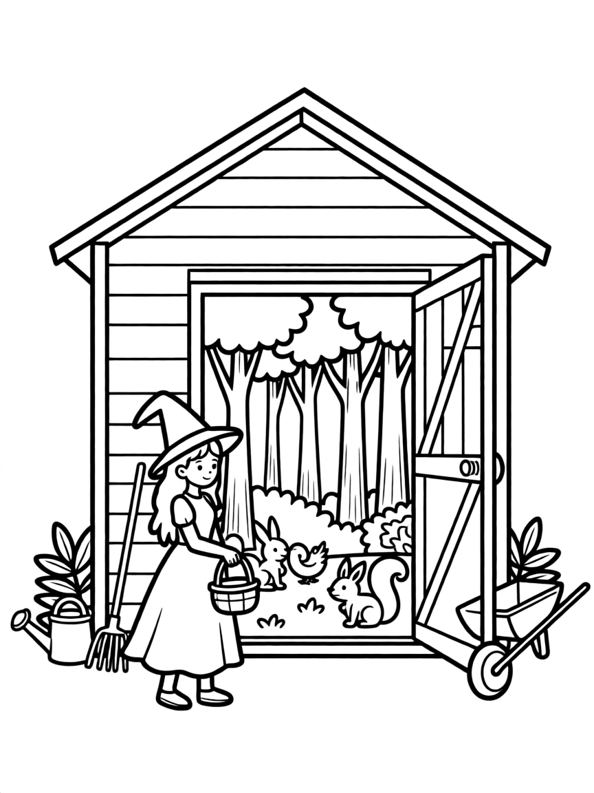 A witch's garden shed that contains an entire forest inside