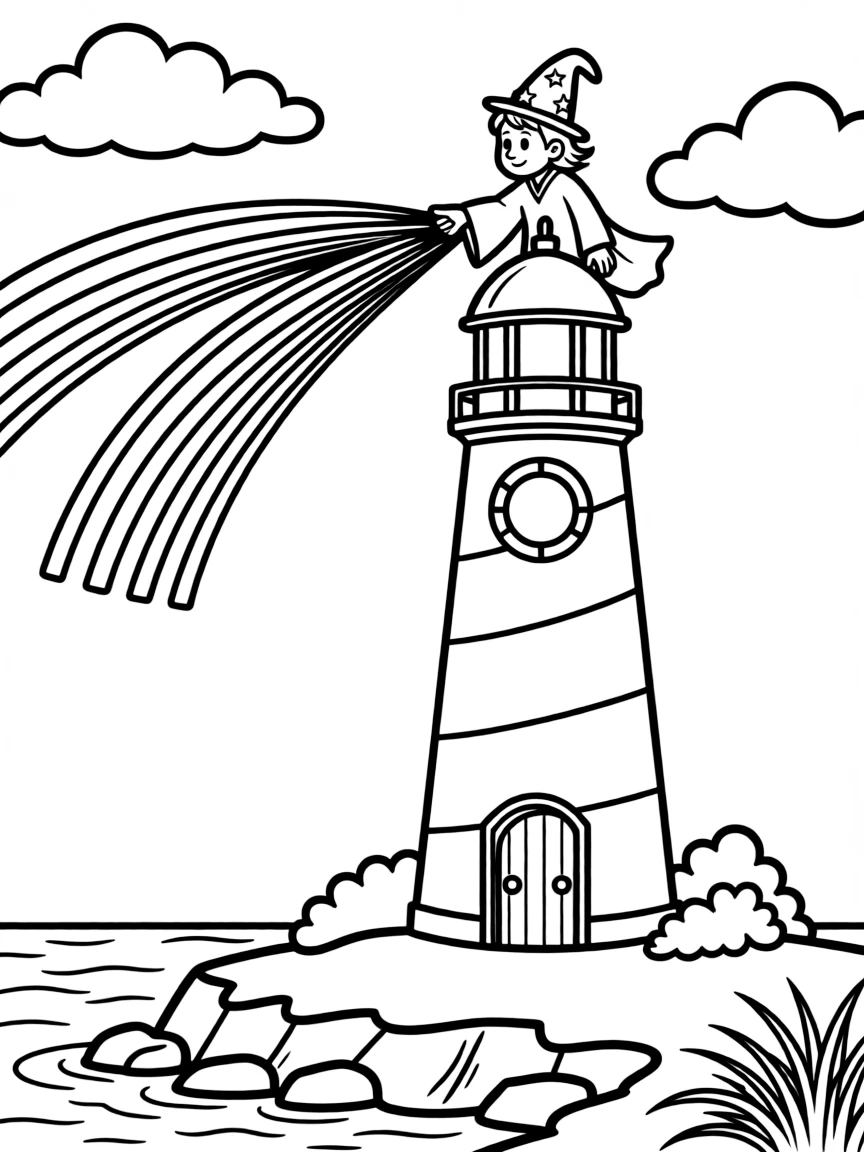 A wizard's lighthouse that guides lost souls with rainbow beams