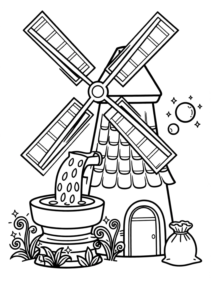 A witch's windmill that grinds magical grains and harvests energy