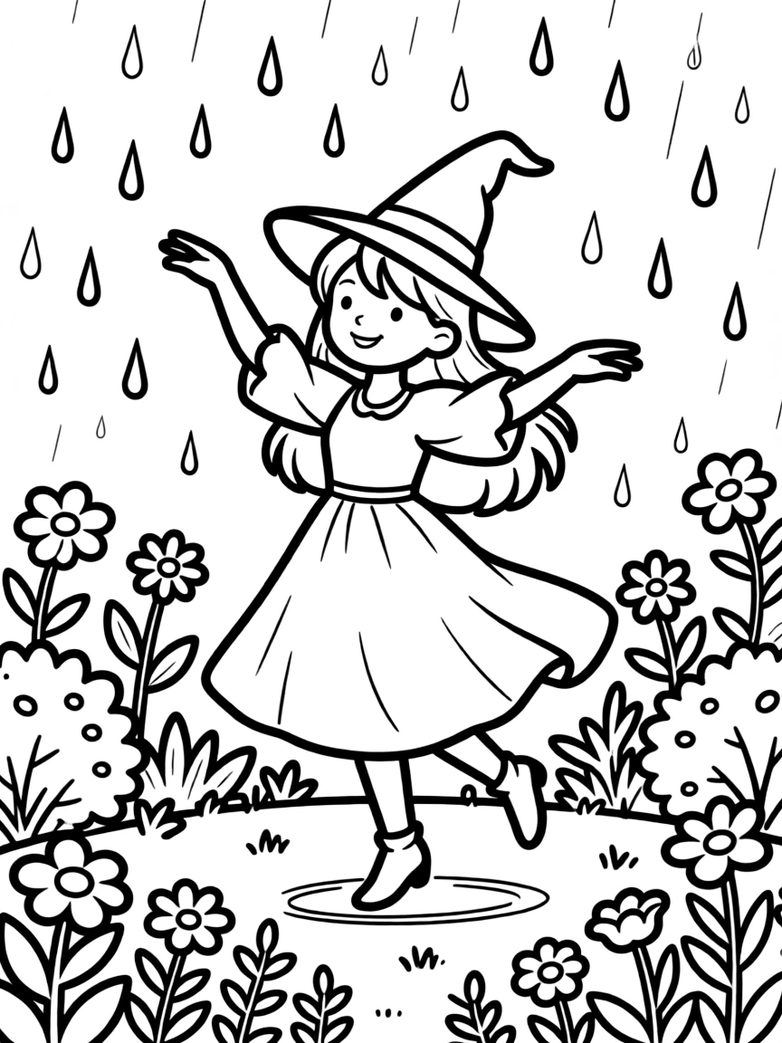 A witch summoning gentle rain for her garden with a special dance