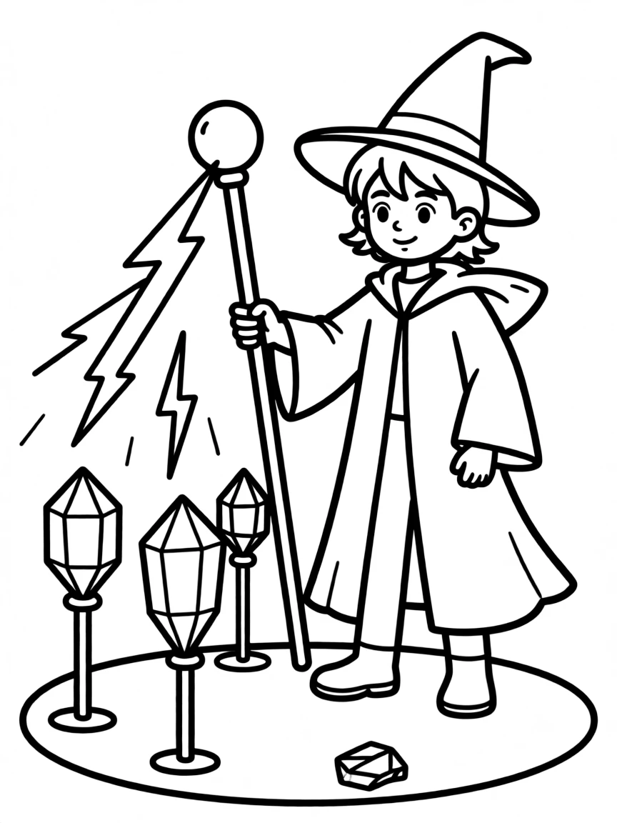 A wizard using a staff to direct lightning into special crystal collectors
