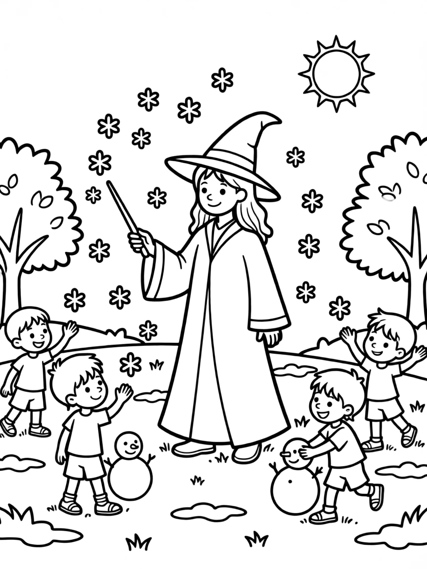 A wizard creating a localized snowfall for children to play in during summer