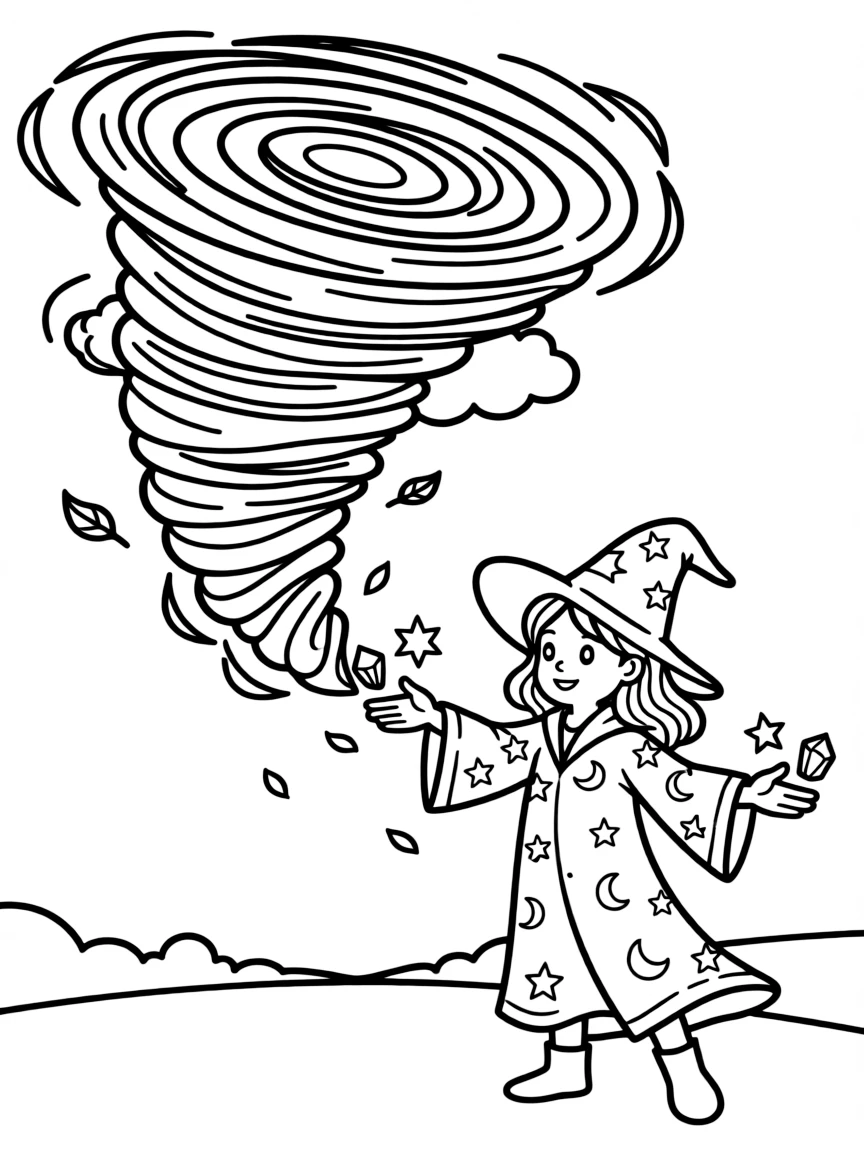 A witch tornado-tamer using special charms to redirect a dangerous storm