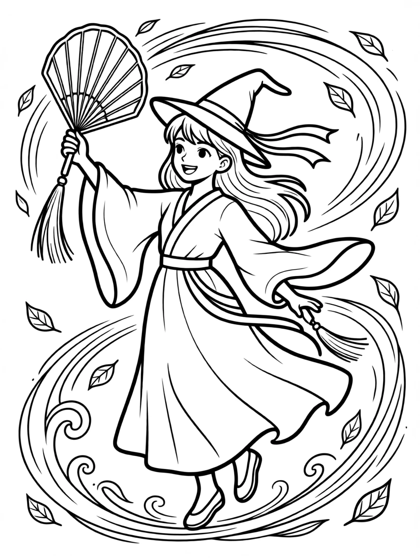 A witch wind-caller using fan dancing to create cooling breezes
