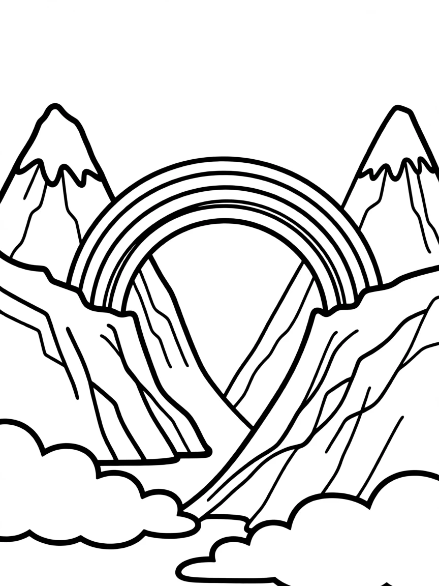 A magical rainbow bridge appearing between two mountain peaks