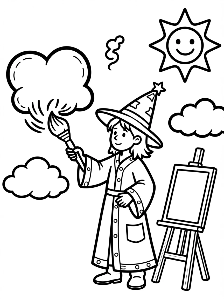 A wizard weather artist painting with clouds to create specific shapes