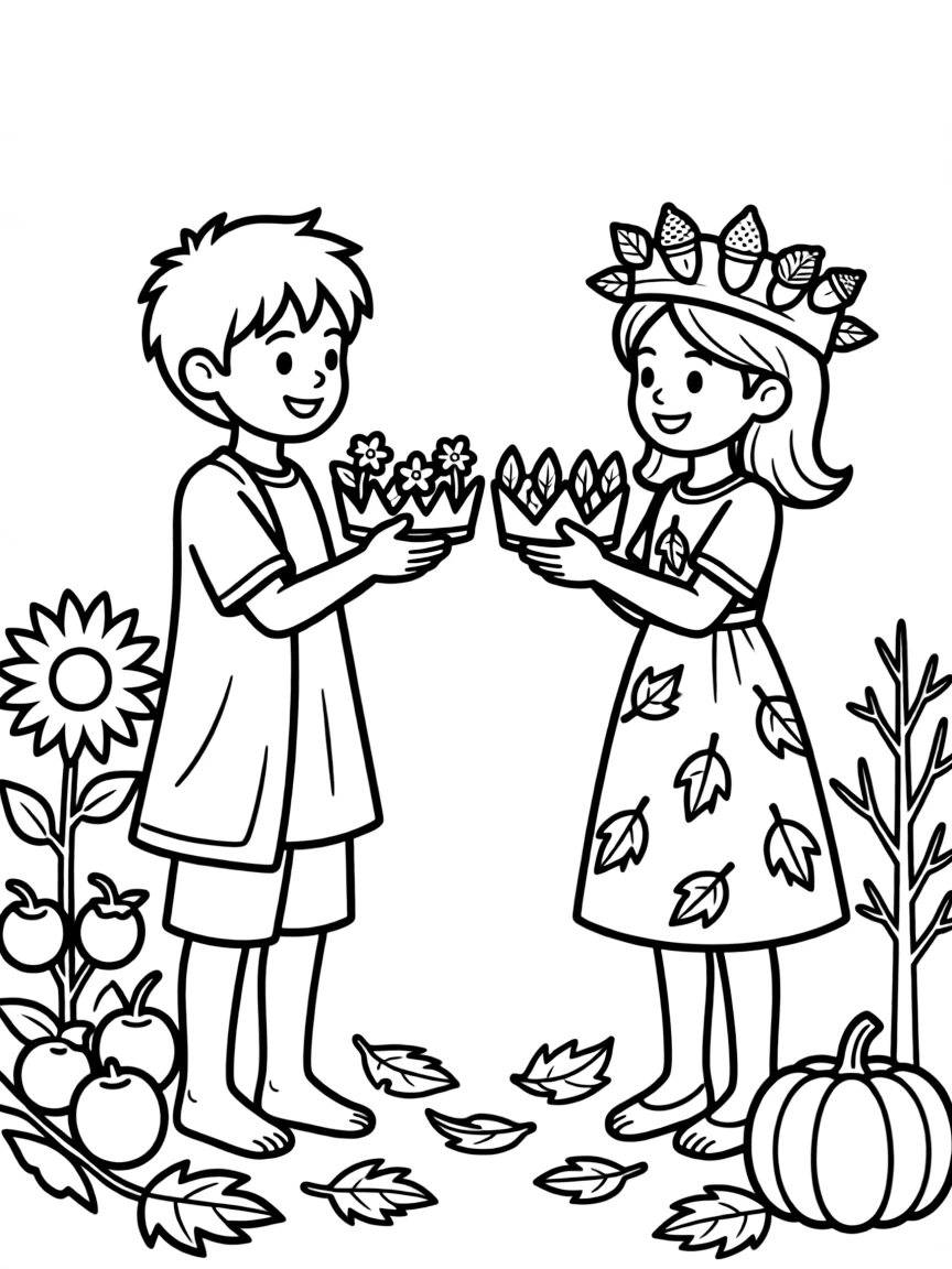 A seasonal transition ceremony with summer and autumn spirits exchanging crowns
