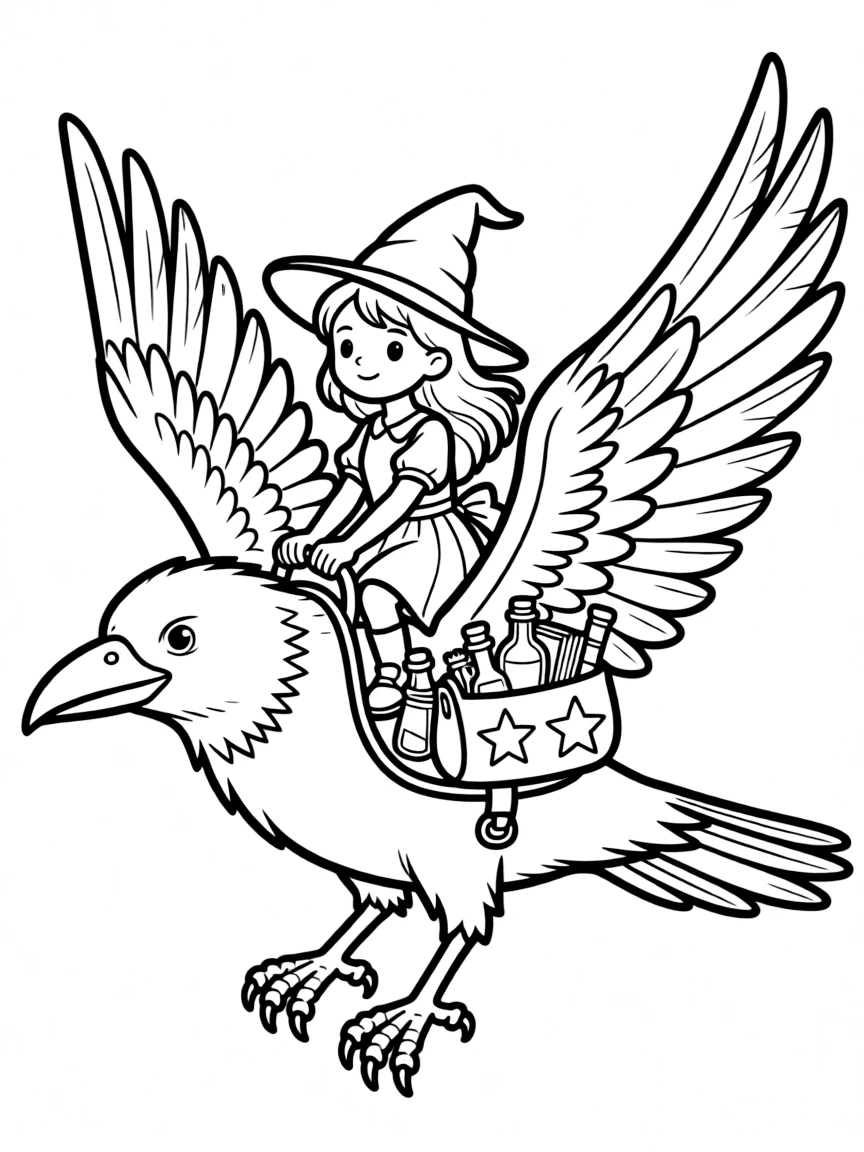 A witch riding a giant crow with saddlebags full of magical supplies