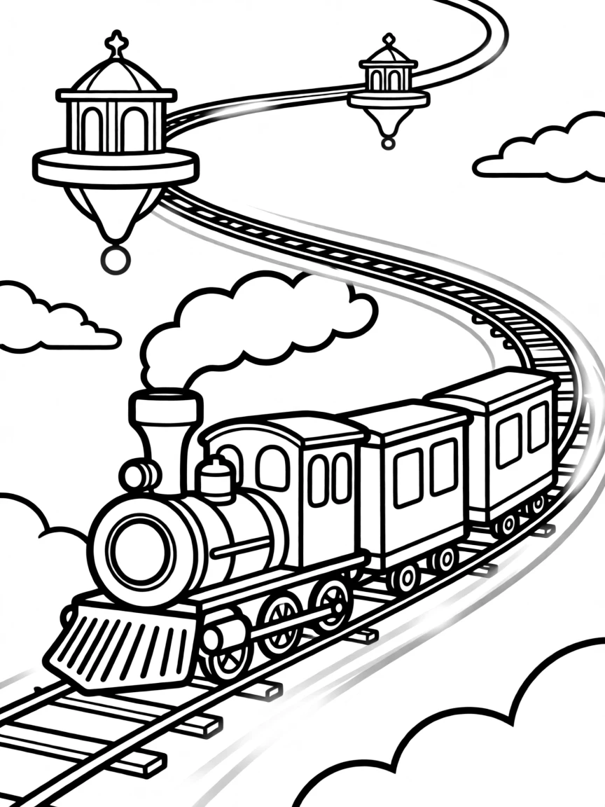 A magical train that runs on tracks of glowing light between floating stations