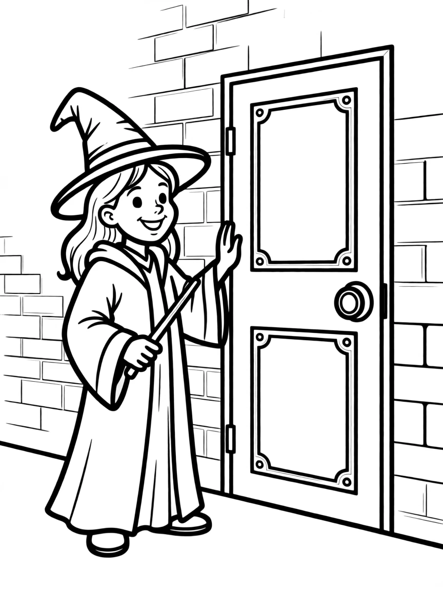 A wizard traveling via portable door that can be placed on any wall
