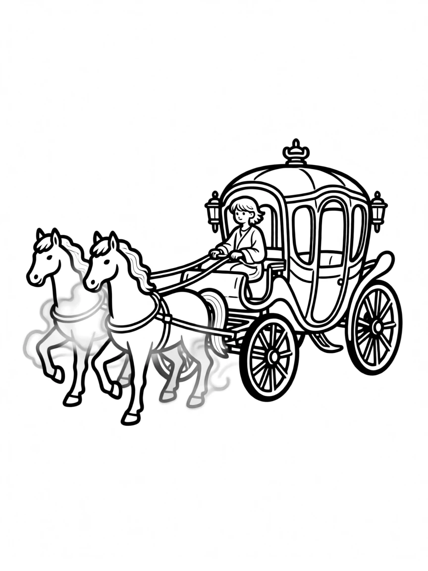 A magical carriage pulled by horses made of morning fog