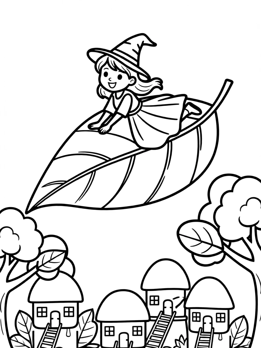 A witch using a giant leaf as a glider between treetop communities