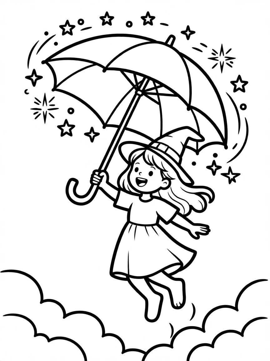 A witch's umbrella that lifts her into the sky when opened